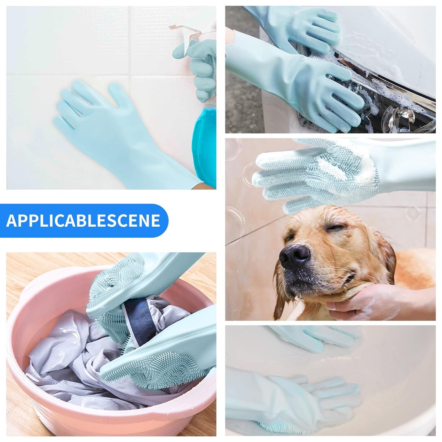 Dishwashing Gloves for Kitchen, Silicone Dishwashing Gloves Reusable Rubber Cleaning Gloves, Dishwashing Gloves Silicone Glove Brush, Washing Gloves for Housework, Car, Bathroom, Clothes, Pet (Blue)