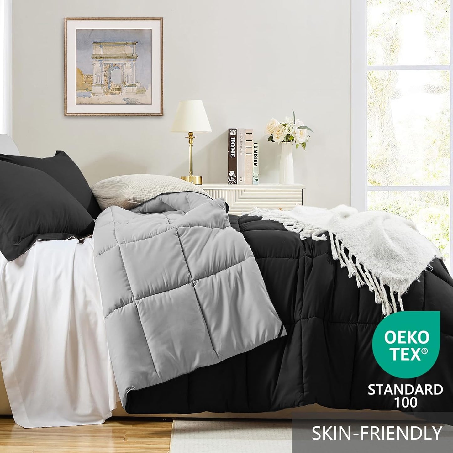 King Size Comforter Set Black, Comforter King Size Bed Set Lightweight Reversible down Alternative Bed Comforters Soft All Season 3 Piece Sets with 2 Sham Black/Light Grey