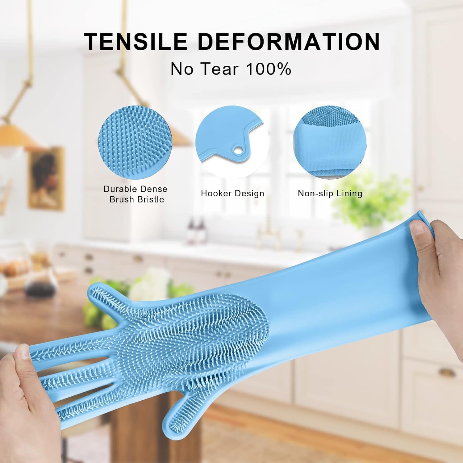 Dishwashing Gloves for Kitchen, Silicone Dishwashing Gloves Reusable Rubber Cleaning Gloves, Dishwashing Gloves Silicone Glove Brush, Washing Gloves for Housework, Car, Bathroom, Clothes, Pet (Blue)