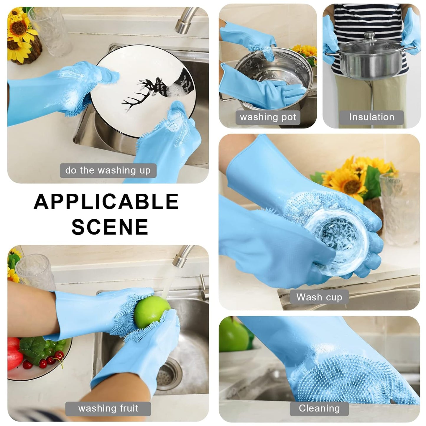Dishwashing Gloves for Kitchen, Silicone Dishwashing Gloves Reusable Rubber Cleaning Gloves, Dishwashing Gloves Silicone Glove Brush, Washing Gloves for Housework, Car, Bathroom, Clothes, Pet (Blue)