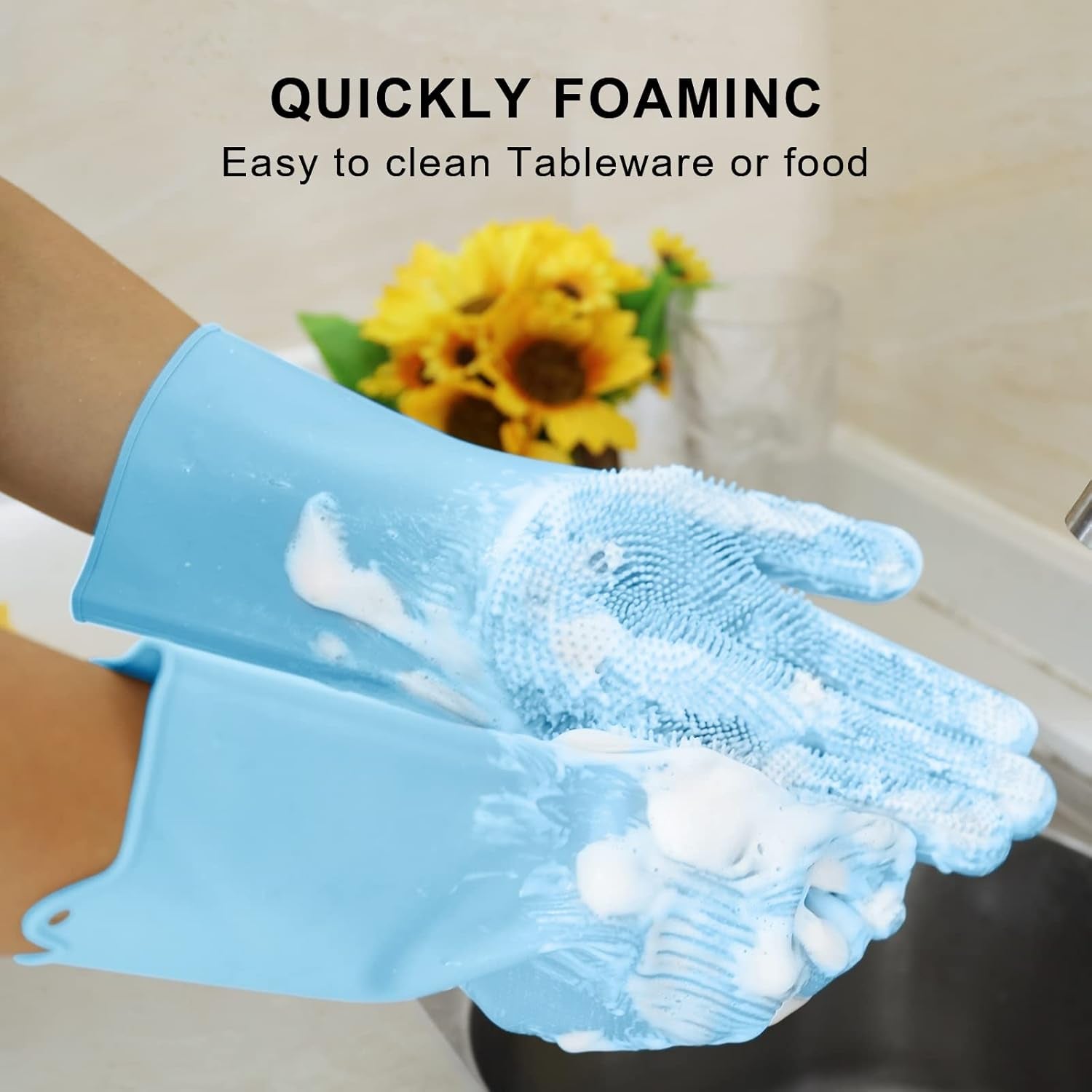 Dishwashing Gloves for Kitchen, Silicone Dishwashing Gloves Reusable Rubber Cleaning Gloves, Dishwashing Gloves Silicone Glove Brush, Washing Gloves for Housework, Car, Bathroom, Clothes, Pet (Blue)